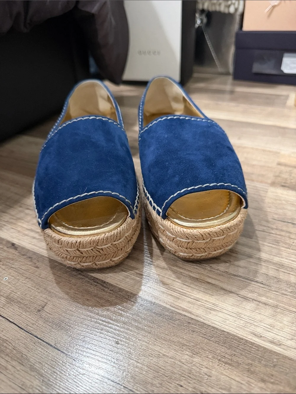 Prada Navy Suede Espadrille Open-Toe Flats